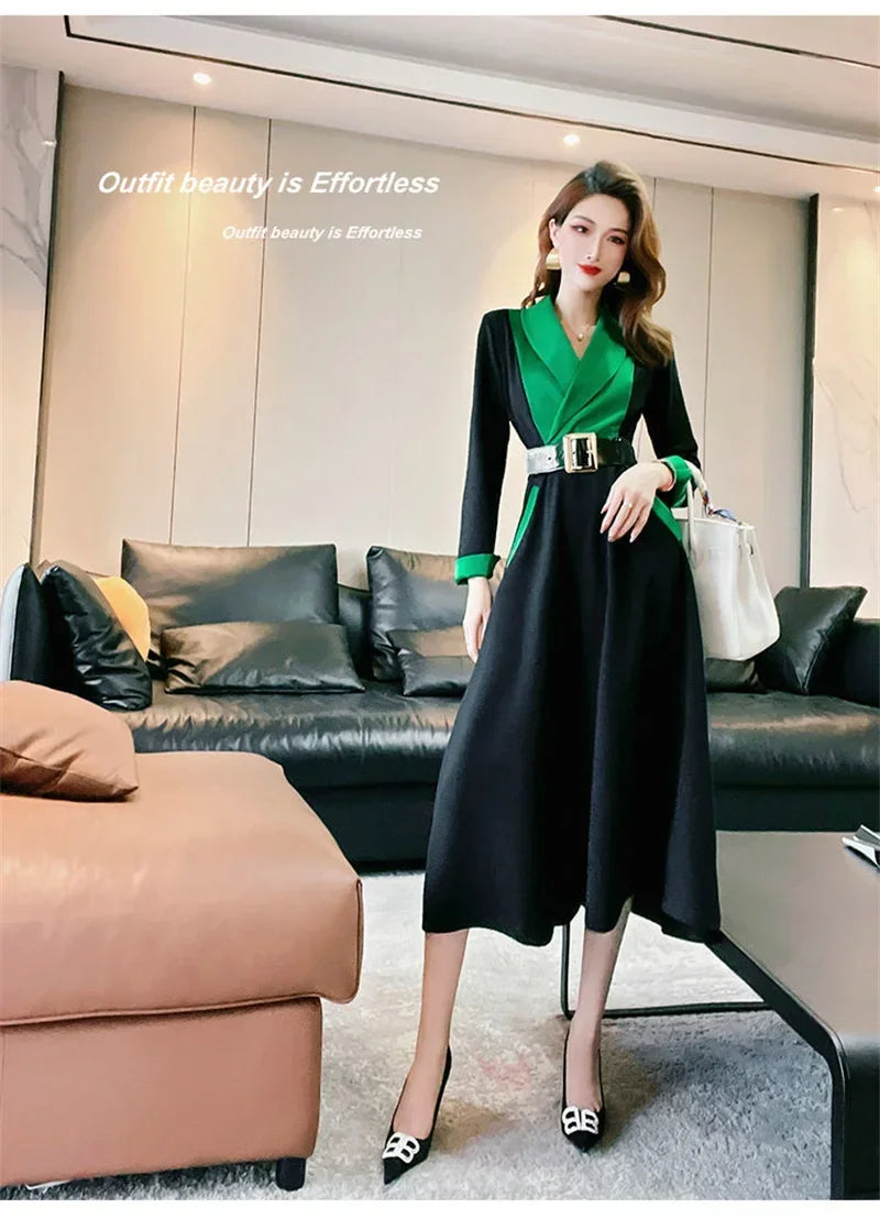 High End Atmospheric Goddess Style Temperament Dress New Autumn Women Mid Length Color Contrast Stitching Large Swing Skirt L684