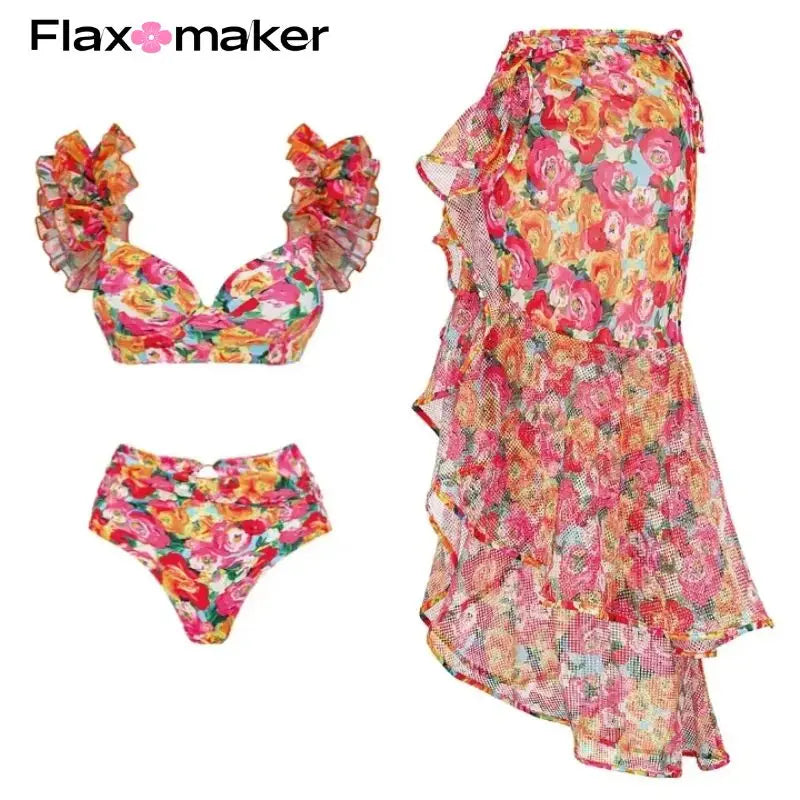 FLAXMAKER bikini set 2 pieces Floral Print Bikini Swimsuit and Skirt Swimwear Women Beachwear Bathing Suit