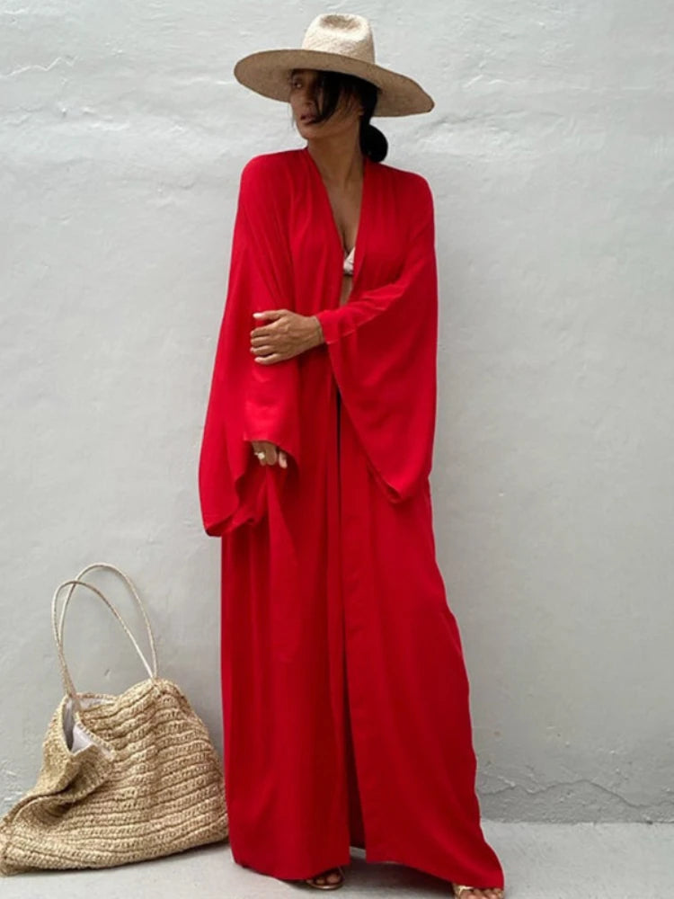 Solid Beach Cover Up Women Self Belted Wrap Kimono Dress Swimsuit 2022 New Robe Summer Beachwear Factory Supply