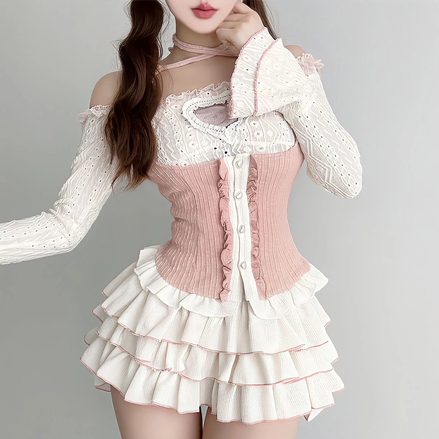 Kawaii Clothing Knitted 3 Piece tutu Skirts Sets Y2k Crop Tops Blouse + Mini Skirts Lolita Suit Japanese Korean Fashion Outfits