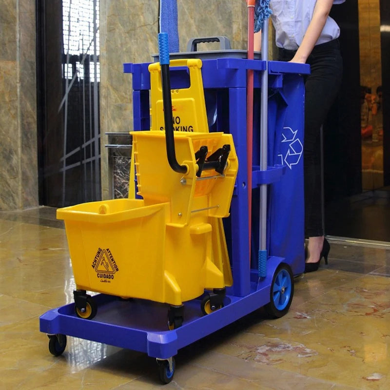 Janitorial Supplies Folding Cleaning Cart Housekeeping Cleaning Service Trolley Cart Wholesale Plastic Cleaning Trolley