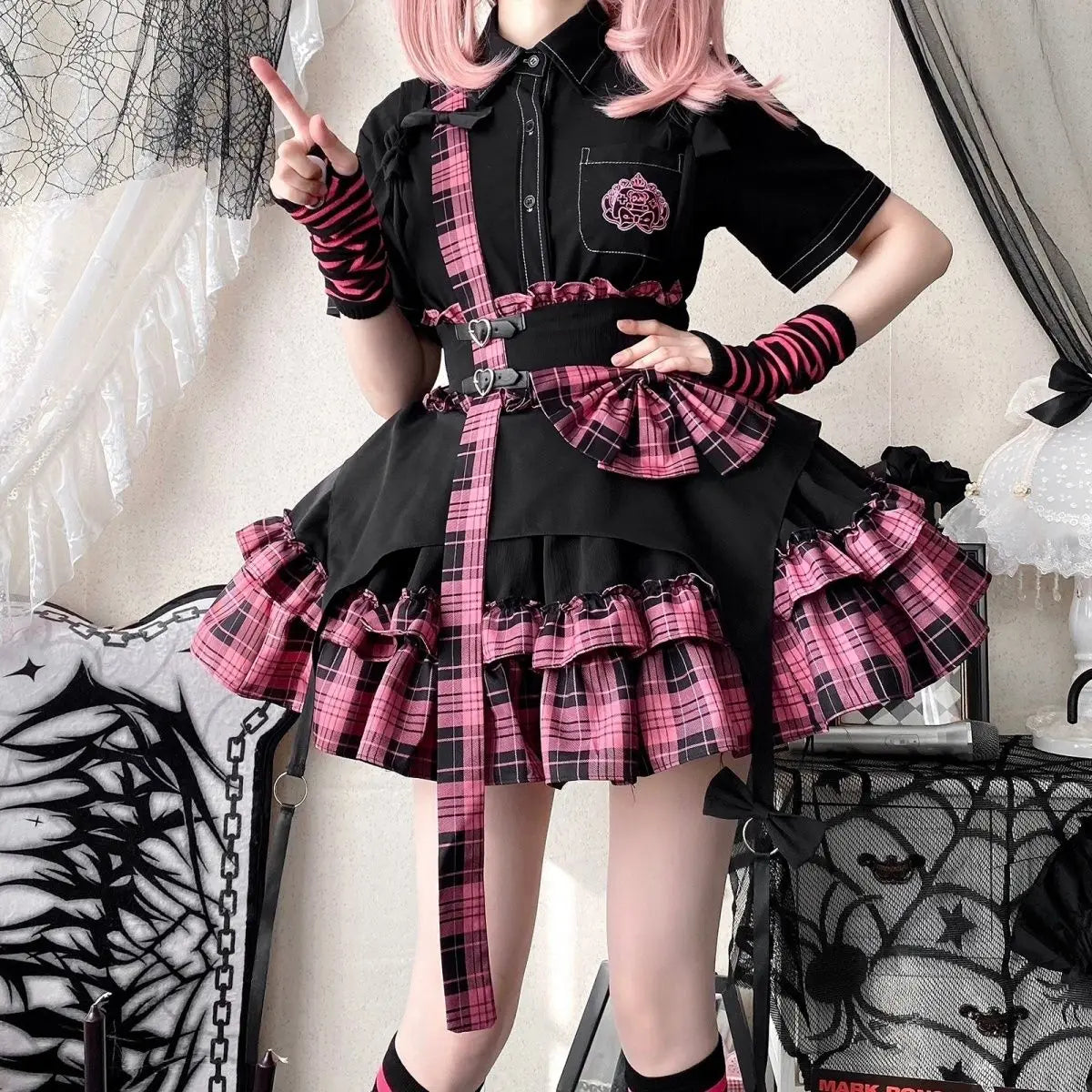 NONSAR Japanese Lolita Sweet Cool Gothic Rock Cat Jk Mini Cake Skirt Harajuku Y2k Girls Punk Kawaii Bow Plaid Suspender Skirts