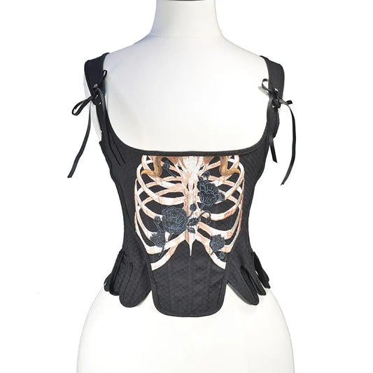 Gothic Rose skull Embroider Corset Body shapers Bustier Lingerie Costume Fashion Corselet Women Party Club Wear Punk Tops