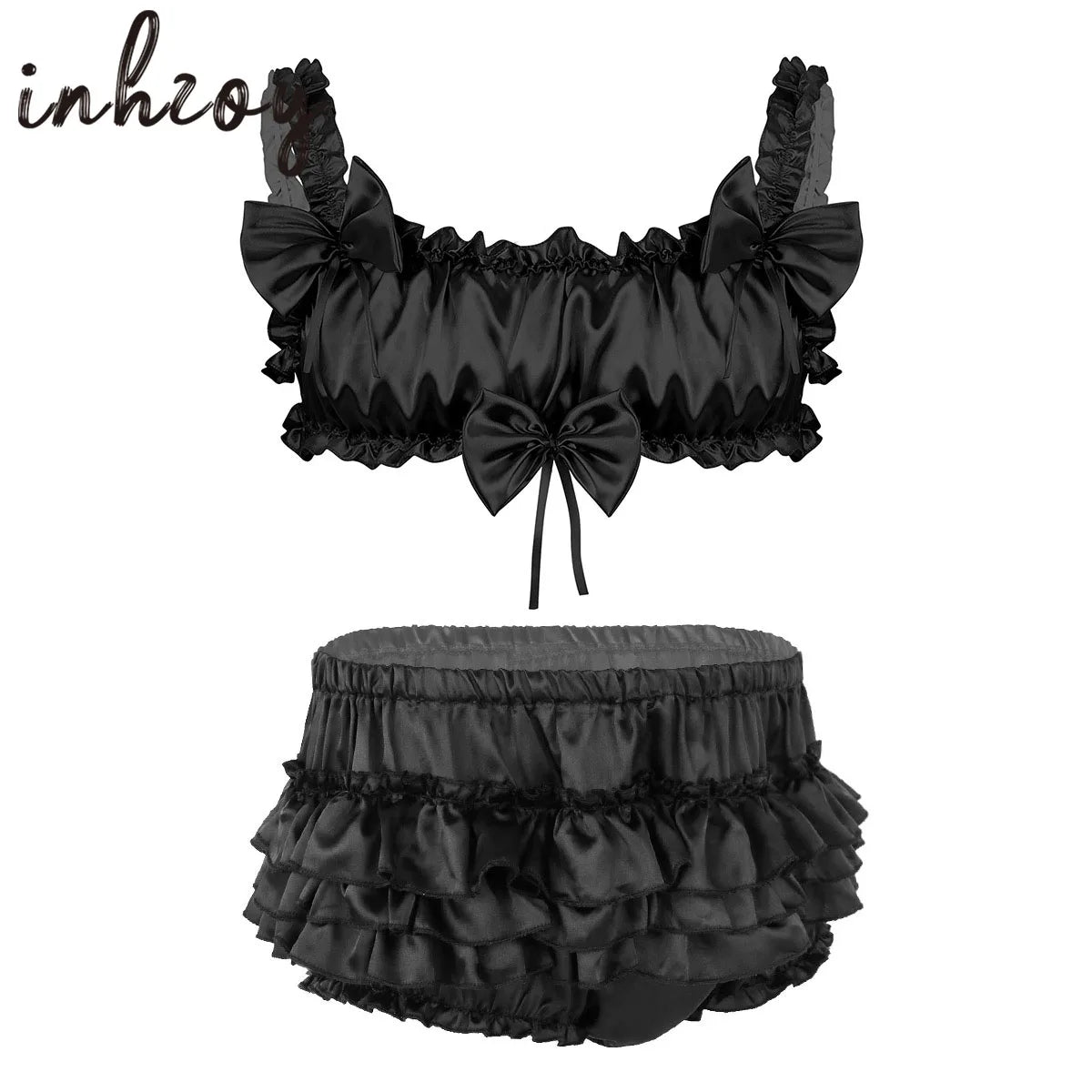 Mens Lingerie Set Sissy Satin Bra +Panties Frilly Bowknot Ruffled Lace Sleepwear Nightdress Gay Male Crossdress Underwear Set