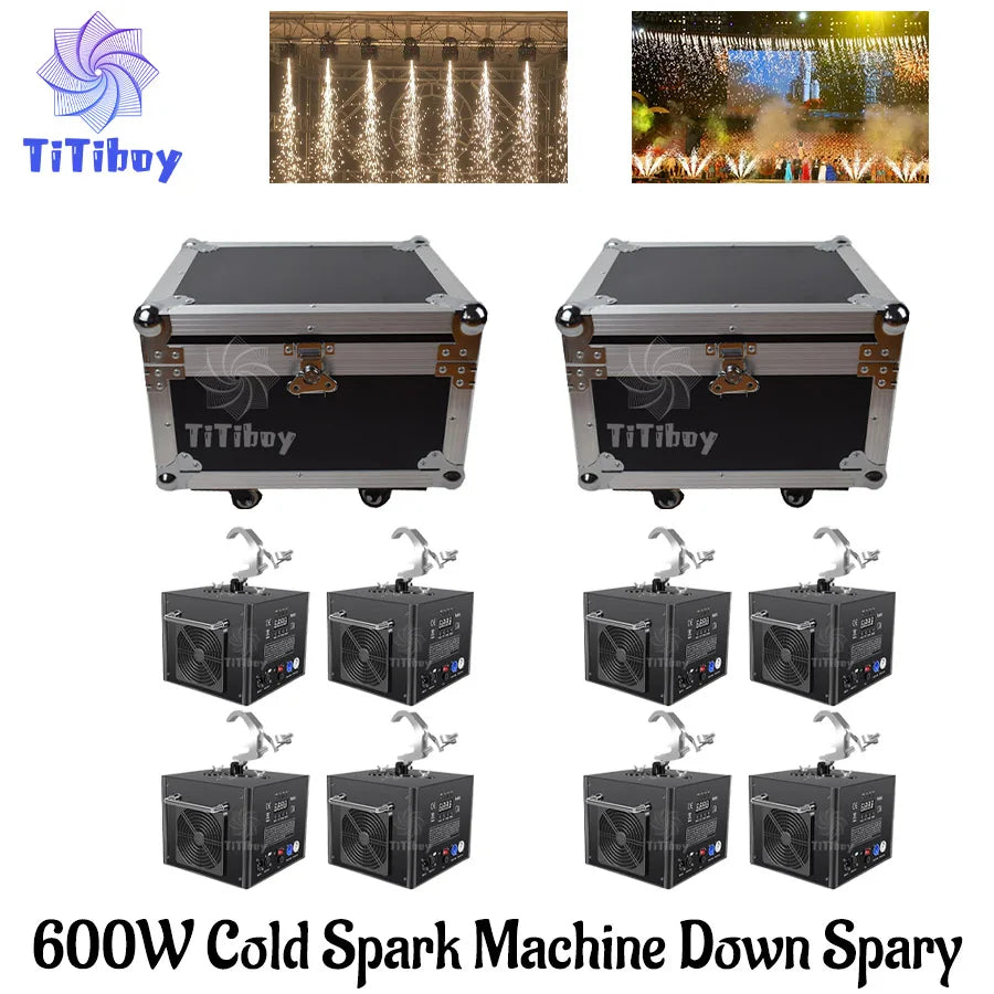 No Tax 8Pcs Hanging Upside Down Rotating Cold Spark Machine With 2 Flycase Electronic Sparkler Sparkular 600w Waterfall Firework