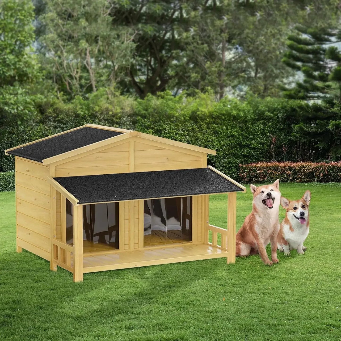 47.2" Dog House, Waterproof Dog Kennel, Wooden Outdoor and Indoor Dog House, Log Cabin Style with Porch,Elevated Floor, 2 Doors