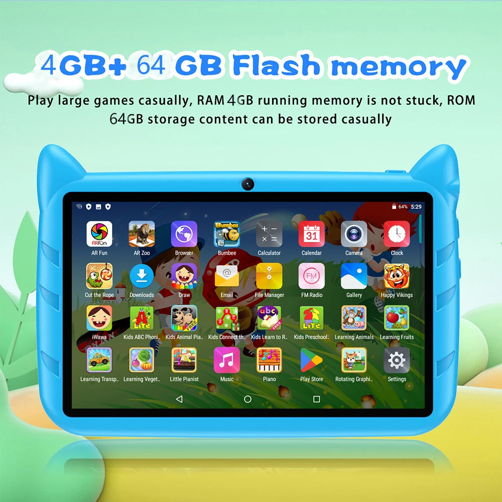 2024 Global Version 7 Inch Kids' tablets Quad Core 4GB RAM 64GB ROM Android Learning Education Tablet Dual Cameras 4000mAh