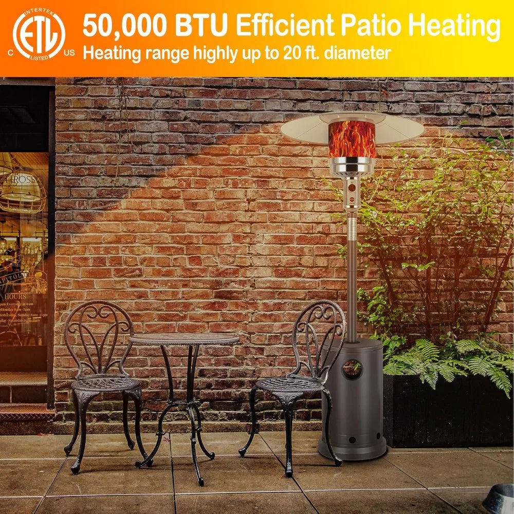 50,000 BTU Propane Patio Heater with Table Design, Stainless Steel Burner, Triple Protection System, Wheels, Outdoor Heaters