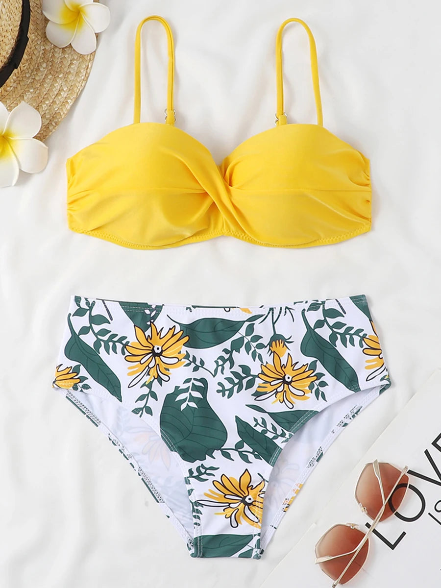 Women High Waist Bikini Printed Swimwear Female Padded  Beachwear