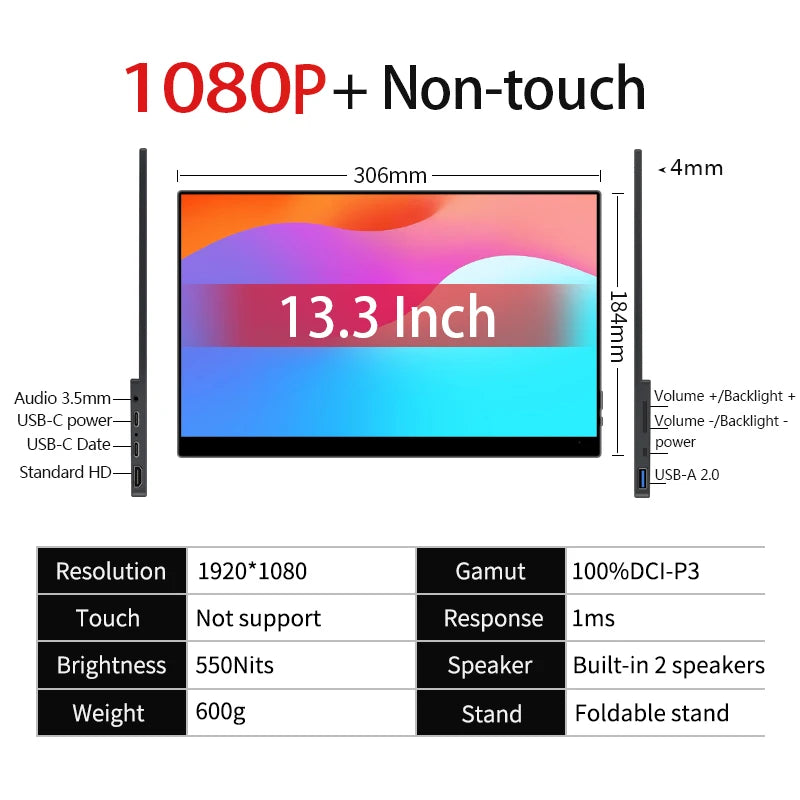 VCHANCE 13.3 Inch OLED Portable Monitor Touchscreen 1920x1080 1ms 10bit 100%DCI-P3 Office Travel Display Extender for Laptop Mac
