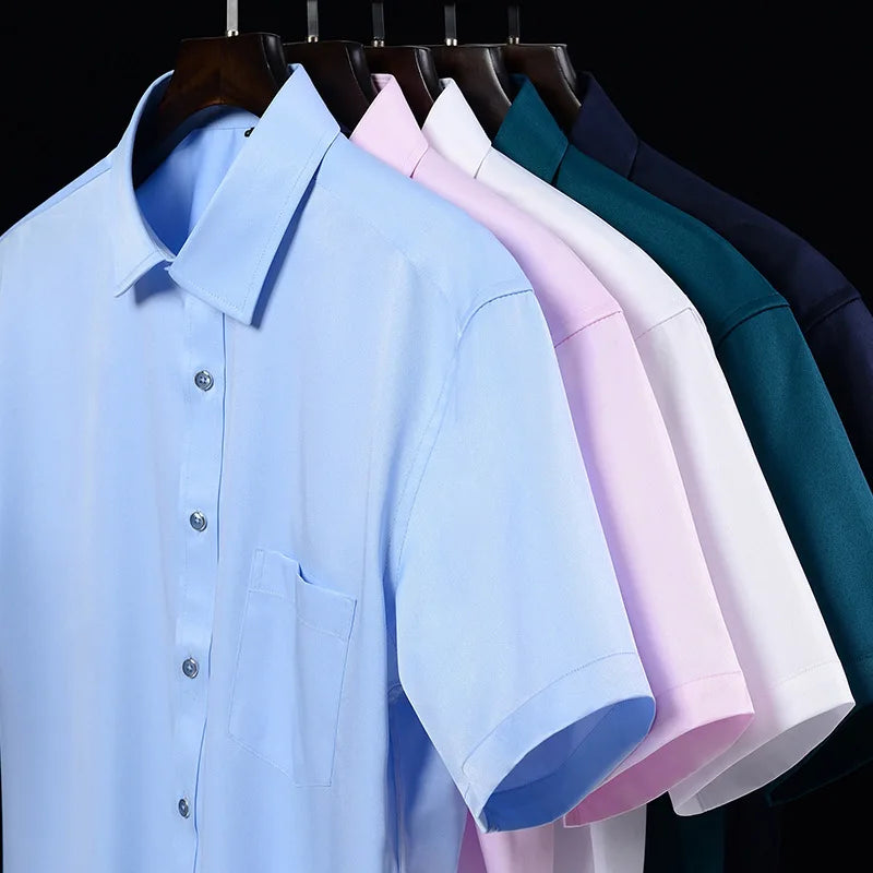 Men Short Sleeve Dress Shirt Summer Non-iron Solid Color Basic Business Formal Stretch Soft Wrinkle-resistant Casual Office Tops