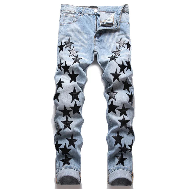 Men High Street Orange Star Embroidery Patch Jeans Men's Slim Fit Full Sky Star Denim Pants Jeans