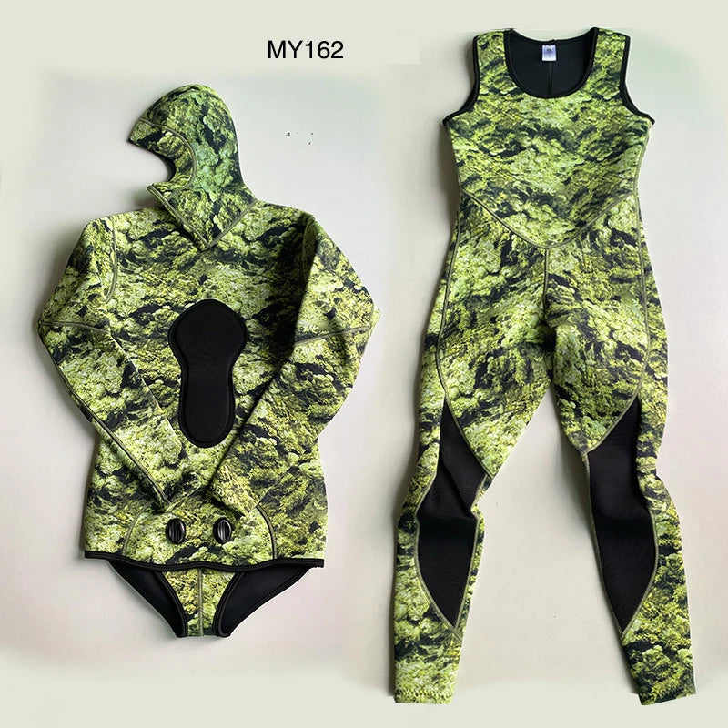 2 Pieces Set Wetsuit 3mm Neoprene Wetsuit Men's Hooded Camouflage Diving Suit Snorkeling Spearfishing Winter Thermal Swimsuit