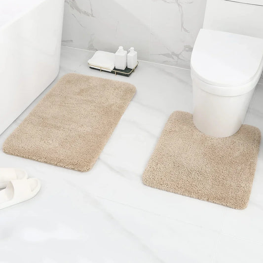 Olanly 2Pcs Bath Mat Set Soft Fluffy Plush Bathroom Floor Mats Carpet Shaggy Absorbent Shower Rug Non-Slip U-Shaped Toilet Rug