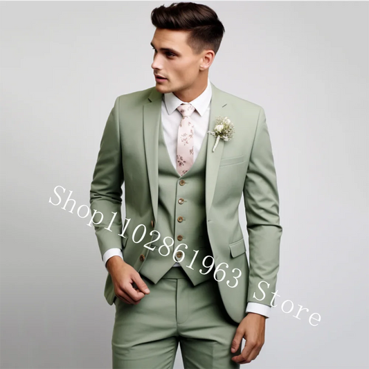 3 Pieces Male Suits Green Elegant Wedding Suits For Men Formal Best Men Blazer Slim Fit Groom Tuxedos Jacket Costume Homme