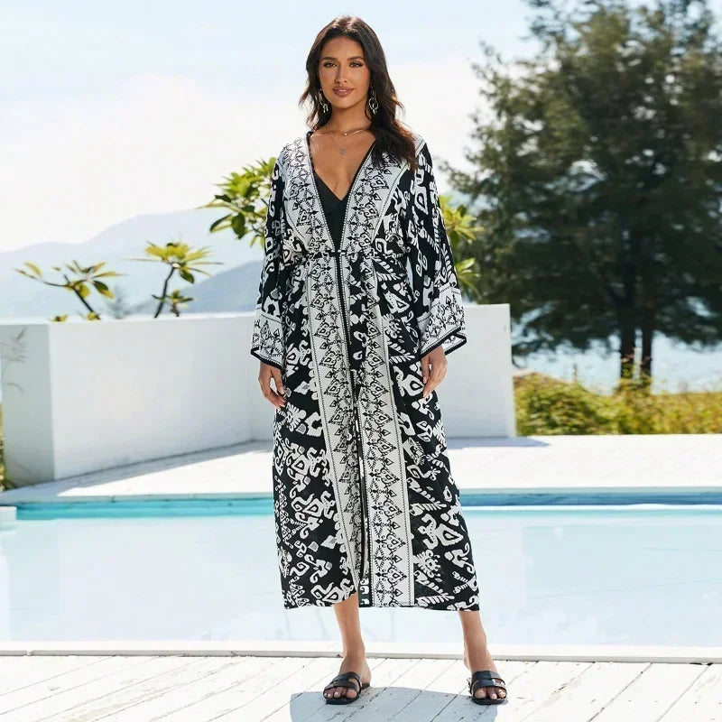 Bohemian Printed Summer Beach Wear Bikini Wrap Dress Tunic Summer Women Swimsuit Cover-ups