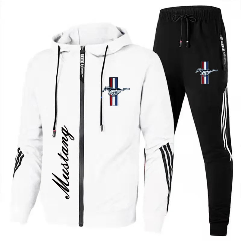 Men's Sportswear Ford Mustang Car Logo Printed Hooded Sweatshirt+Trousers Casual Fit Running Fitness Men's Sportswear 2PK