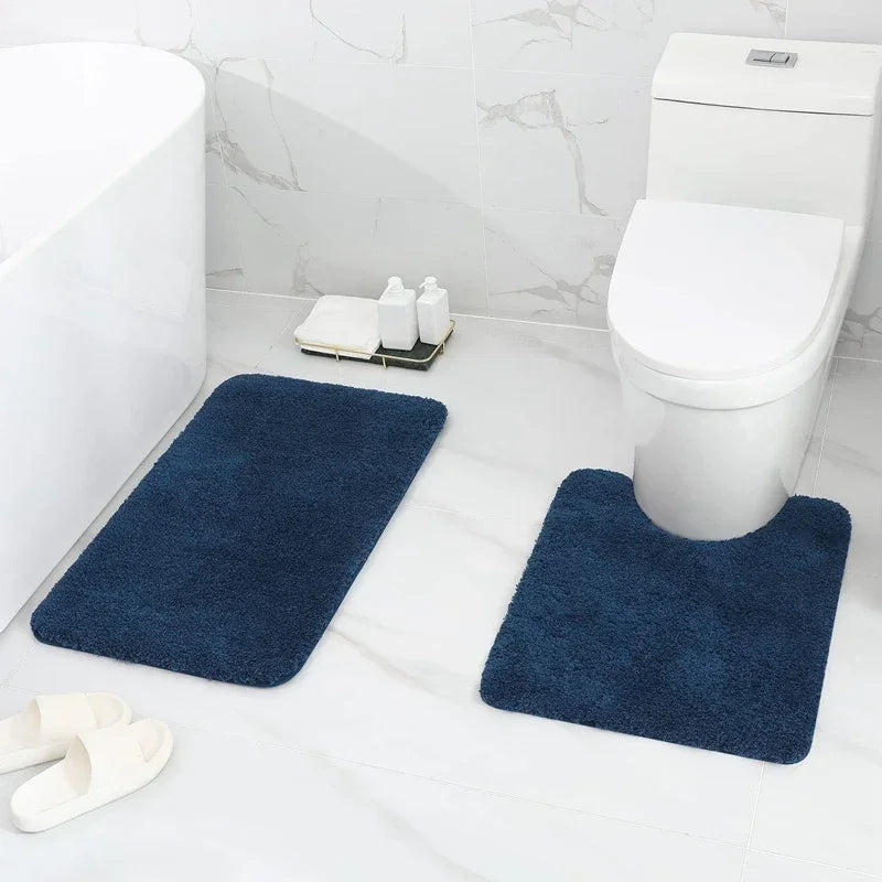 Olanly 2Pcs Bath Mat Set Soft Fluffy Plush Bathroom Floor Mats Carpet Shaggy Absorbent Shower Rug Non-Slip U-Shaped Toilet Rug