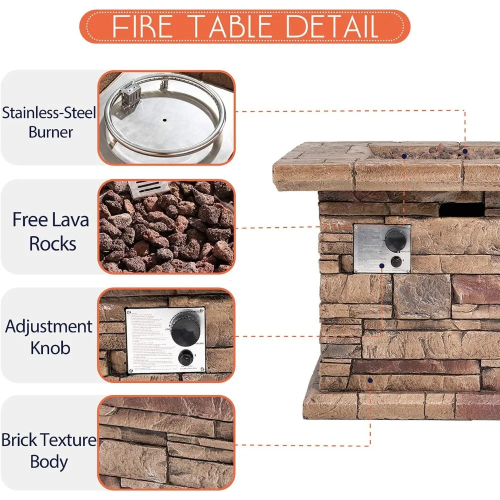 Outdoor Propane Fire Pit Table 32-inch Imitation Stone Square Concrete Propane Fire Pit with Lava Rocks and Rain Cover