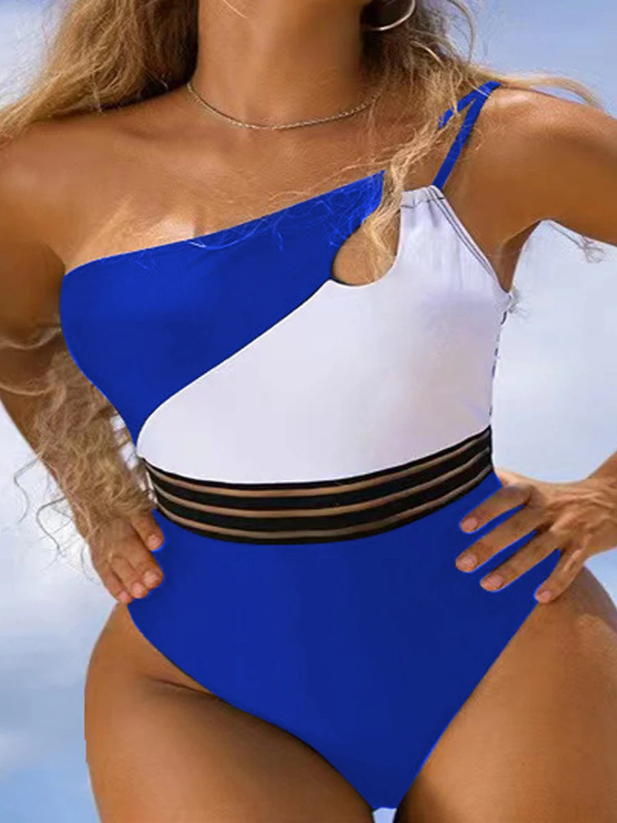 One Shoulder Cut Out Bikini Swimsuit Women Cloth Panel Patchwork Bodysuit Swimwear Female Surfing Sports Bathing Suit Beachwear