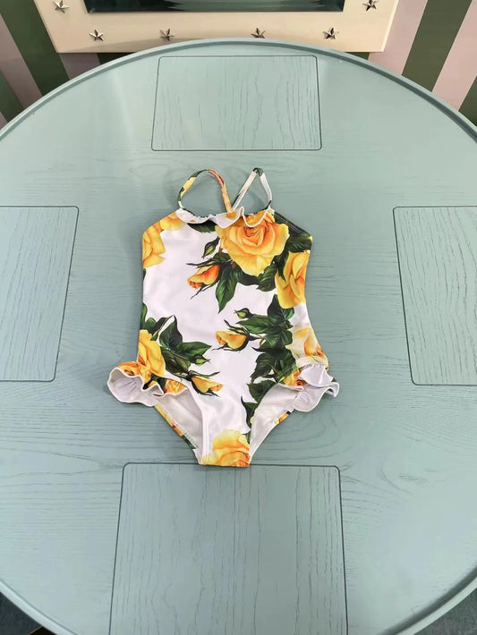 yellow flower printed children swimsuit triangle one-piece body suit girls style size 2 3 4 6 8 10 12Years