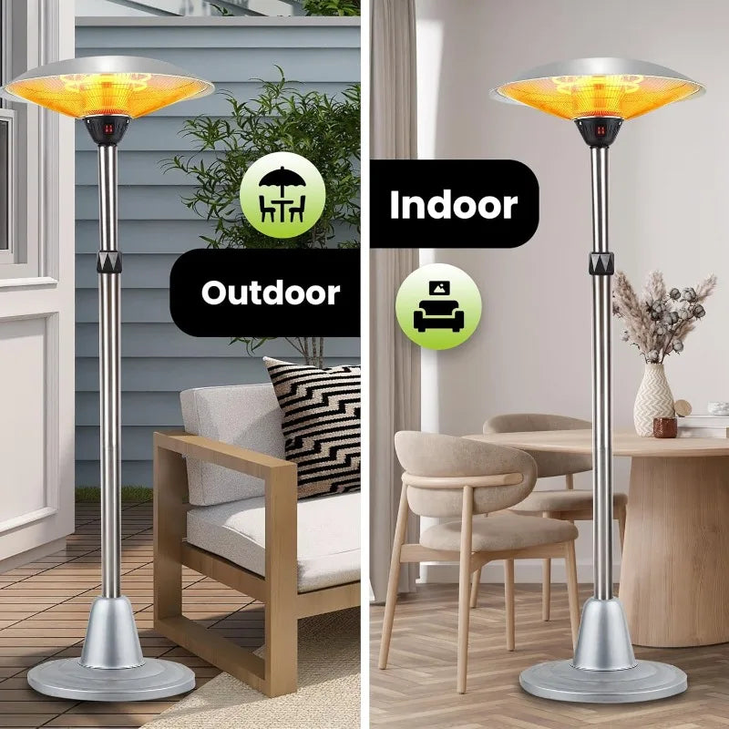 1500W Free Standing Patio Heater for Outdoor and Indoor Heating with Adjustable Height. Mad from Stainless Steel