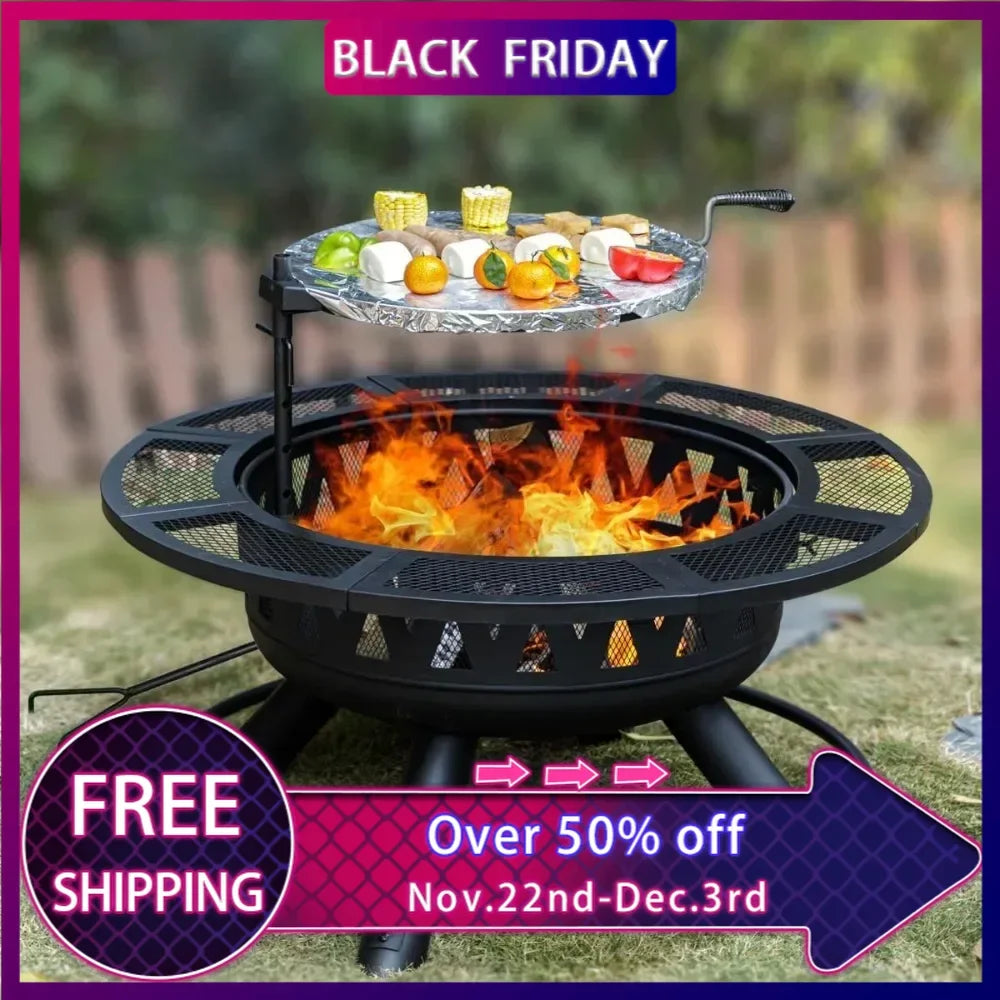 36 Inch Fire Pit with Grill & Lid,Outdoor Metal Wood Burning Fire Pit for Patio,3 in 1 Large Firepit for Backyard Garden Bonfire