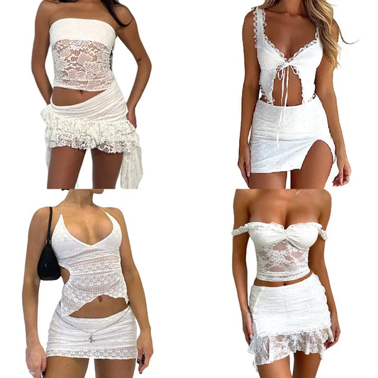 2 Piece Co-ord Outfits Strapless Bandeau Tube Top + Mini Skirt Y2K Vintage Fairycore Mesh Sheer Matching Set Women Streetwear