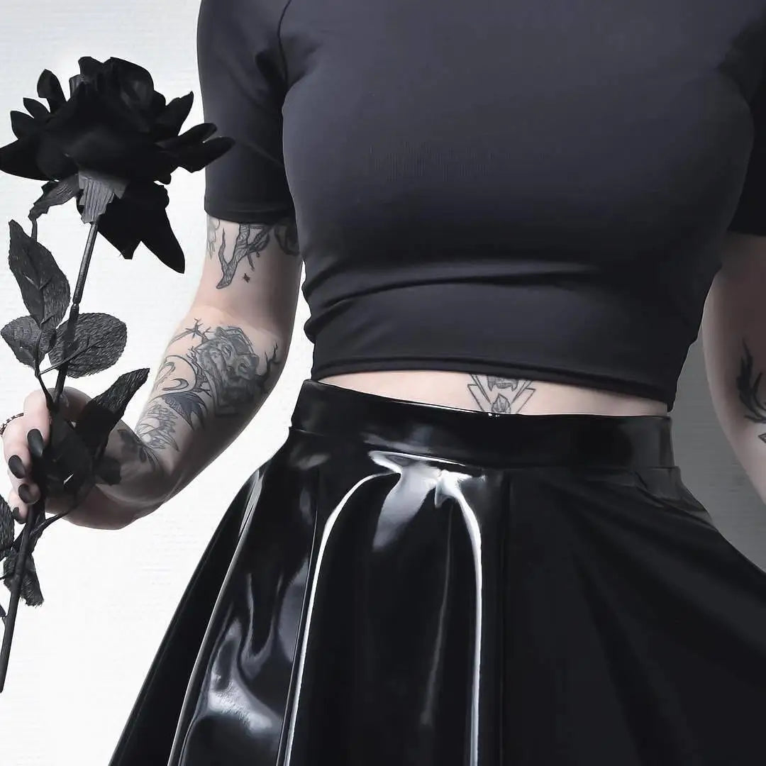 Goth Harajuku Punk PU Leather Skirt for Women Black Gothic Pleated A-line High Waist Short Mini Skater Skirt