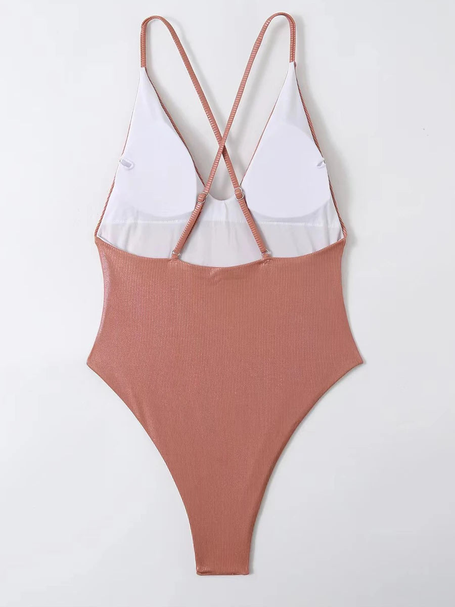 Strape Monokini Ring Link One Piece Swimsuit Women Solid Cross Back Swimwear Padded Bathing Swimming Suit Beachwear Bodysuit