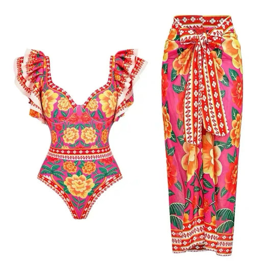 Women's Vintage Style Printed Swimsuit and Skirt Set, Beachwear, Luxury Bathing Suit, 1 Pc