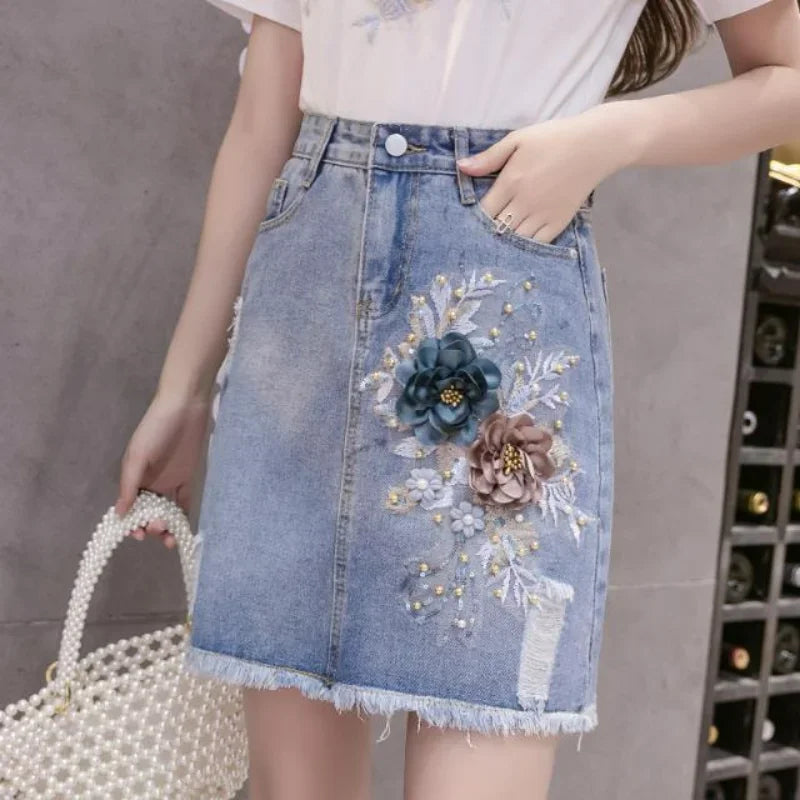 O Neck Short Sleeve 3D Floral Top Suit+high Waist Slim Embroidery Beading Hole Denim Skirt Outfits Y2k Summer Set Women 2 Pieces