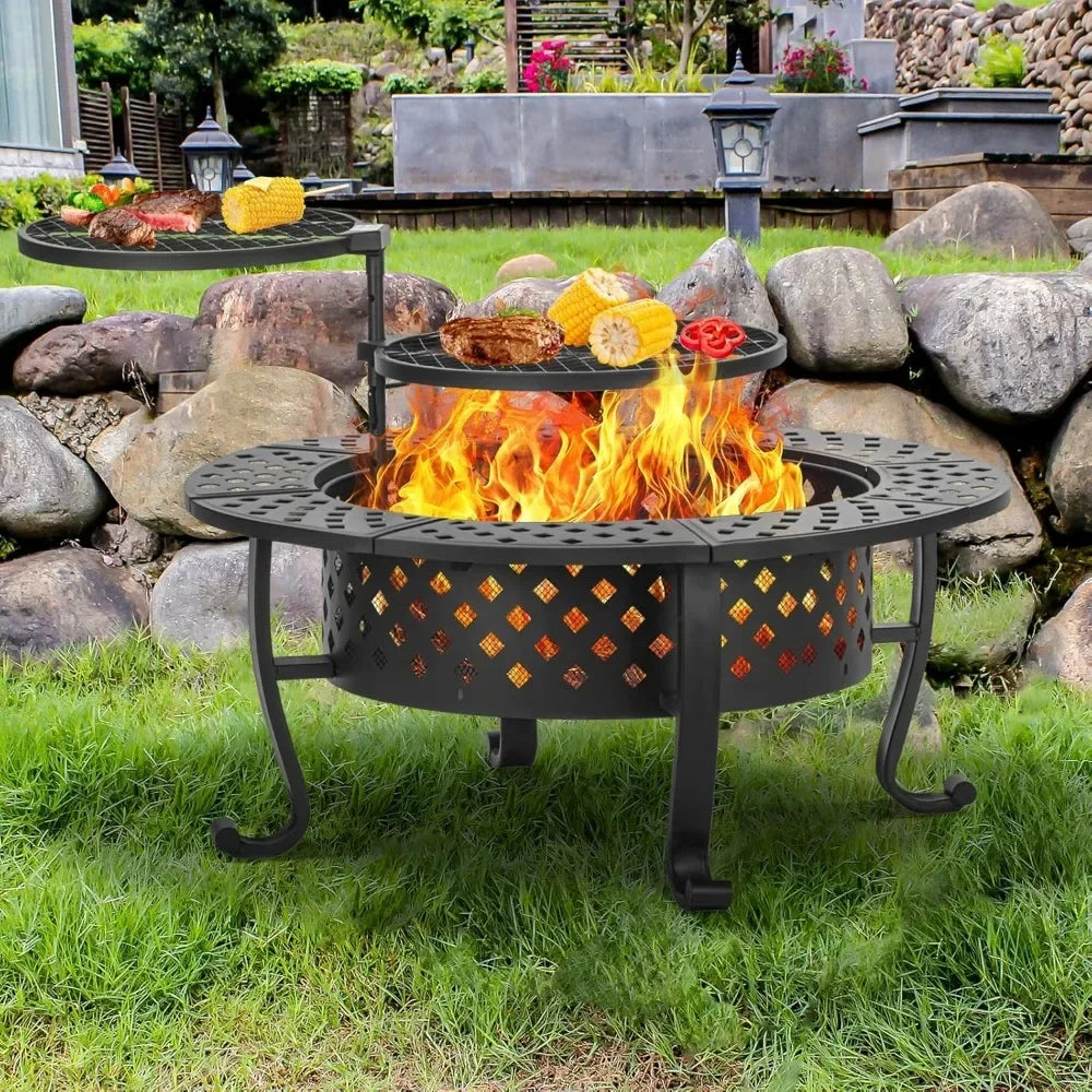 42 Inch Fire Pit with 2 BBQ Grills, Wood Burning Fire Pits for Outside with Lid Fire Poker, BBQ Outdoor Firepit Round Metal