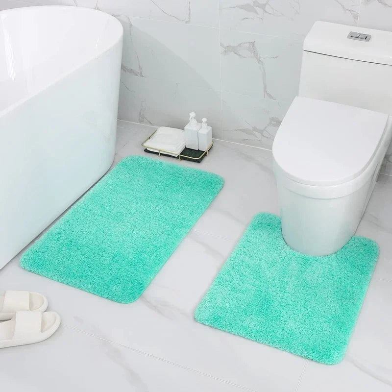 Olanly 2Pcs Bath Mat Set Soft Fluffy Plush Bathroom Floor Mats Carpet Shaggy Absorbent Shower Rug Non-Slip U-Shaped Toilet Rug