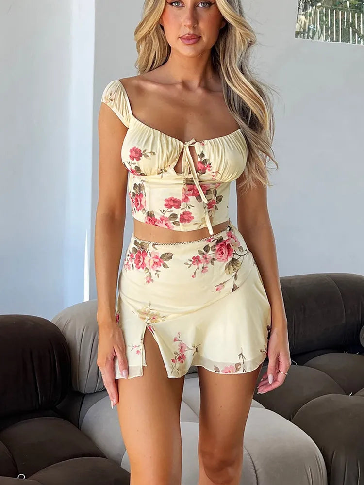 hirigin Fashion 2 Piece Set Women Vintage Floral Print Tie Up Milkmaid Crop Tank Top Wrap Mini Skirt Boho Beach Holiday Outfits