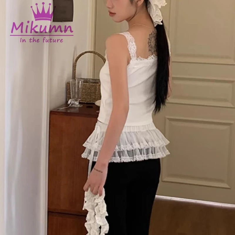 Mikumn Harajuku Women White Lace Skirt Korean Y2k Fashion Lace-up Cute Mini Waist Skirts Streetwear Clothing Matching Skirts