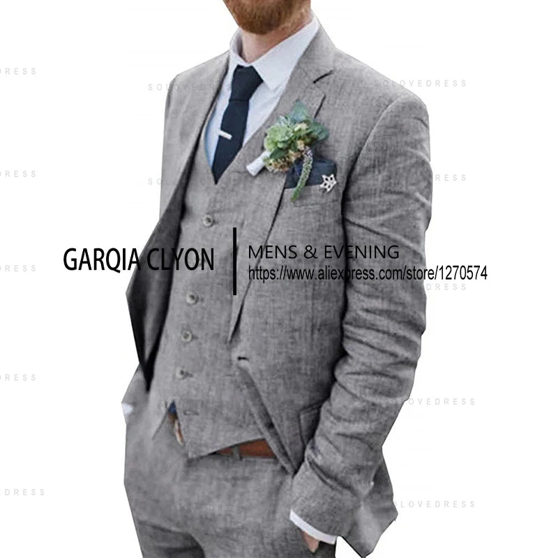 3 Piece Men's Retro Linen Men Suit Beach Wedding Suit Summer Slim Fit   Linen Suit Groomsmen For Wedding（Blazer+Vest+Pants)