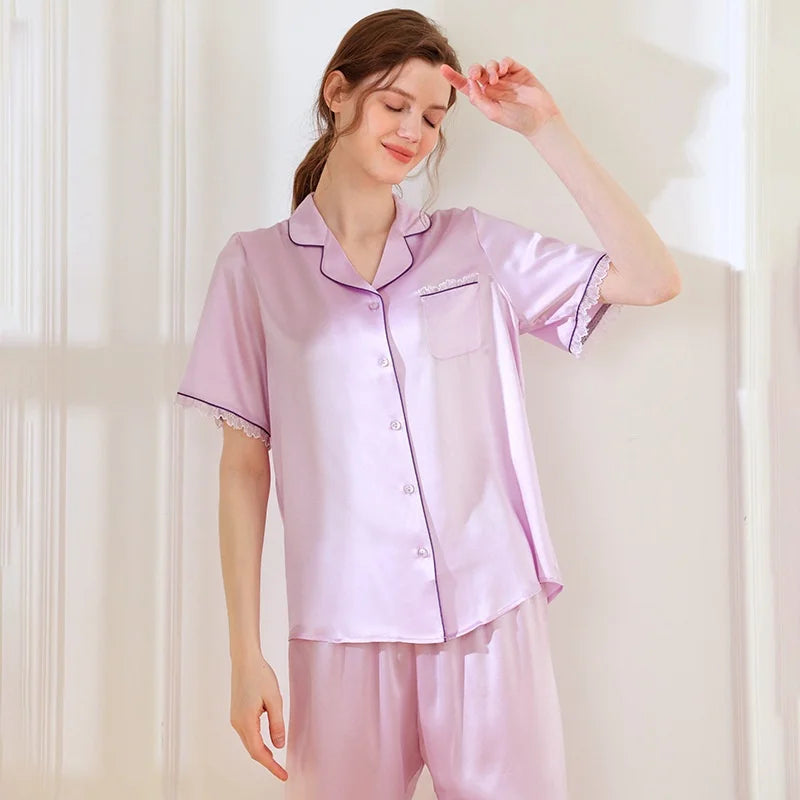 19mm 100% silk pajamas women short sleeve two pieces lounge  set women pajama Lingerie ladies Sleepwear for sleeping