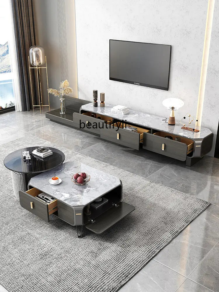 Stone Plate TV Cabinet and Tea Table Combination Household Small Apartment Nordic Italian Oval Telescopic Floor Cabinet