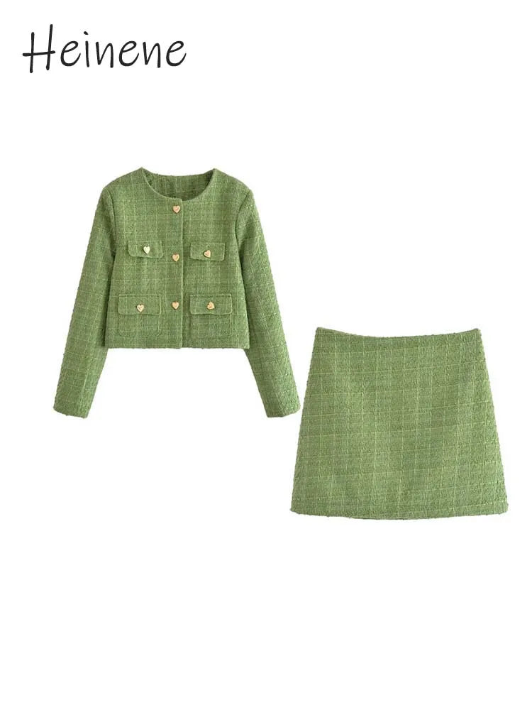 Heinene Fashion Green O-Neck Jacket Coat High Waist Skirts 2 Pieces Set Womens Sweet Style Autumn New Pattern Office Lady Outfit