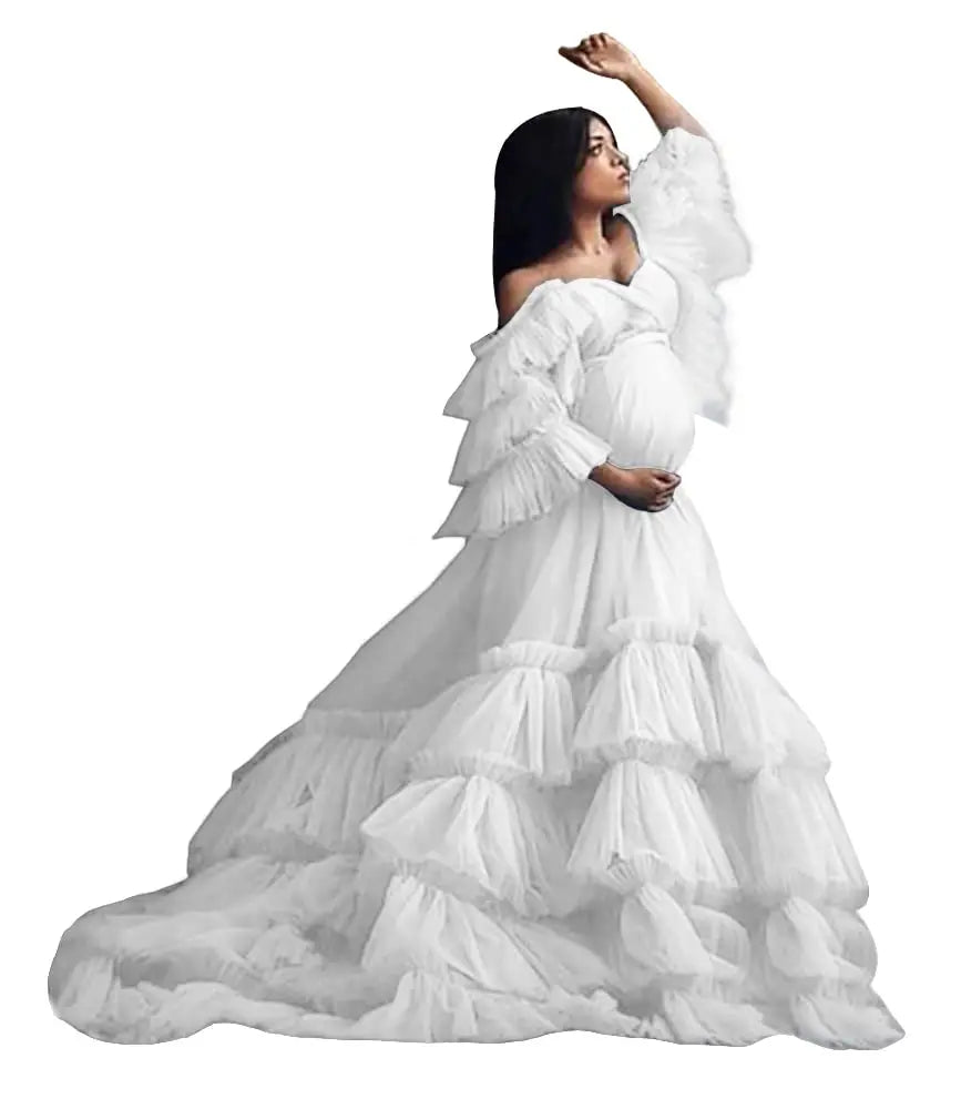 Off Shoulder Straps Puffy Ruffled Tulle Bridal Lingerie Bathgown Maternity Robe for Photoshoot