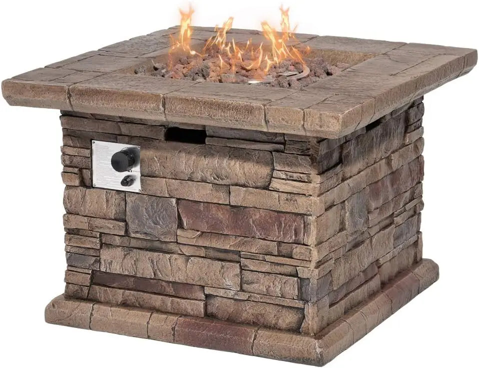 Outdoor Propane Fire Pit Table 32-inch Imitation Stone Square Concrete Propane Fire Pit with Lava Rocks and Rain Cover