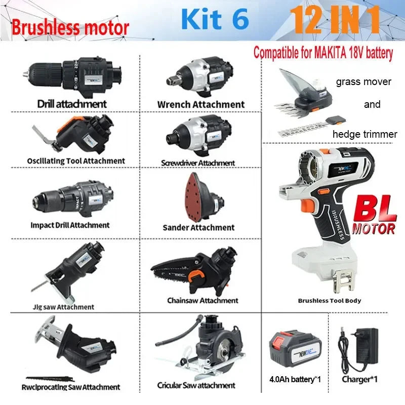 12-in-1 combo kit Cordless Brushless Recip Saw Jig saw Circular Saw Chainsaw Oscillating Tool Screw Driver For makita Battery