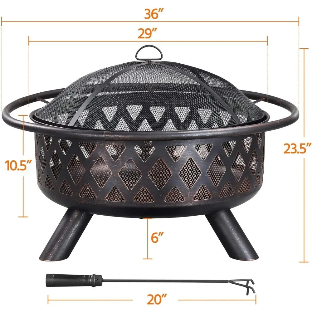 Fire Pit 36in Outdoor Wood Burning Fire Pits Wood Large Fire Bowl for Outside BBQ Bonfire Patio with Mesh Spark Screen