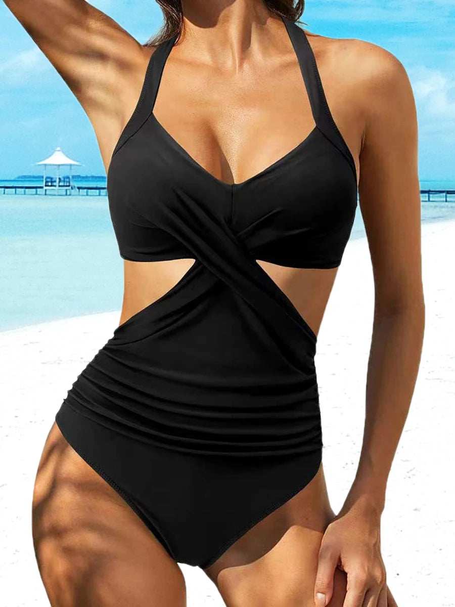 Female Solid Monokini Hollow One Piece Swimsuit Back Cross Lace Up Swimwear Women Padded Bathing Suit Printed Beachwear Bodysuit