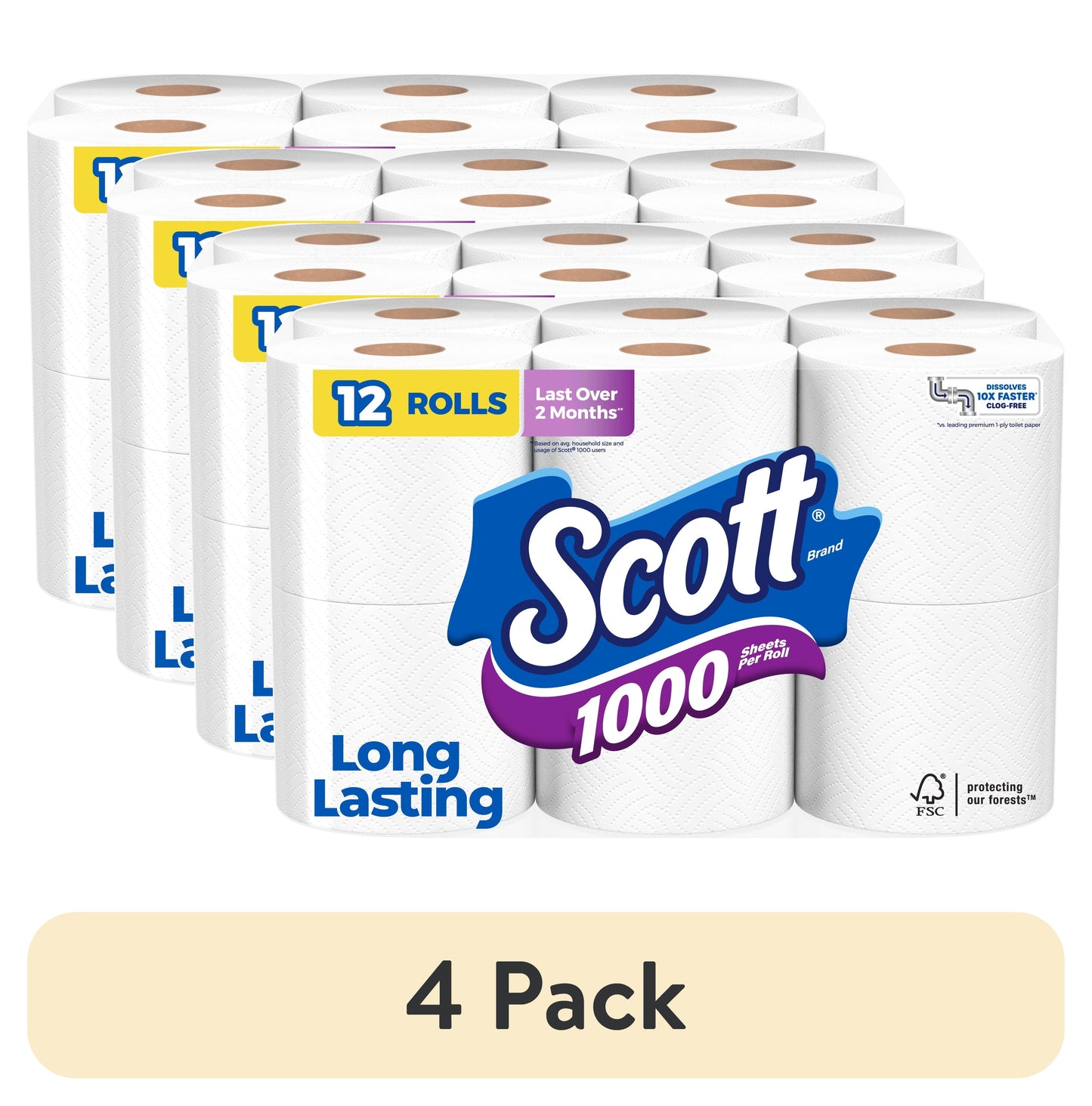 (4 Pack)  1000 Toilet Paper, 12 Rolls, 1,000 Sheets per Roll