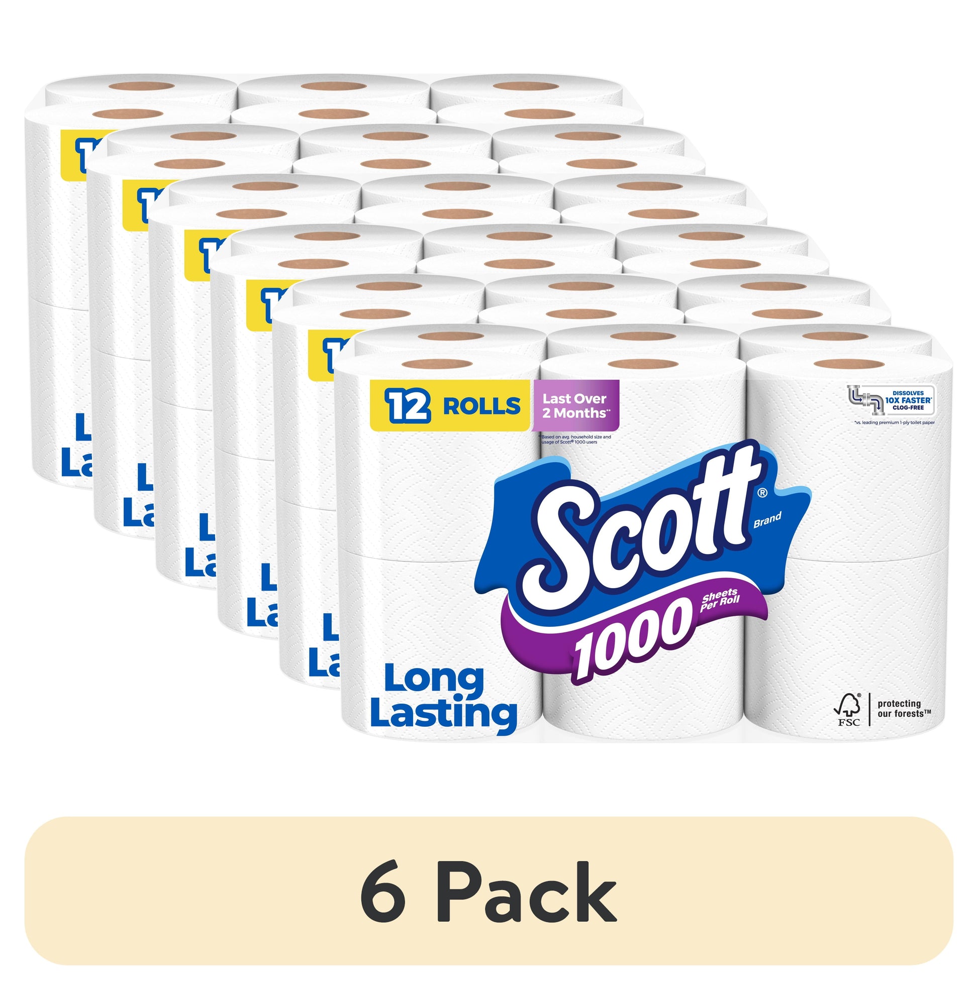 (6 Pack)  1000 Toilet Paper, 12 Rolls, 1,000 Sheets per Roll