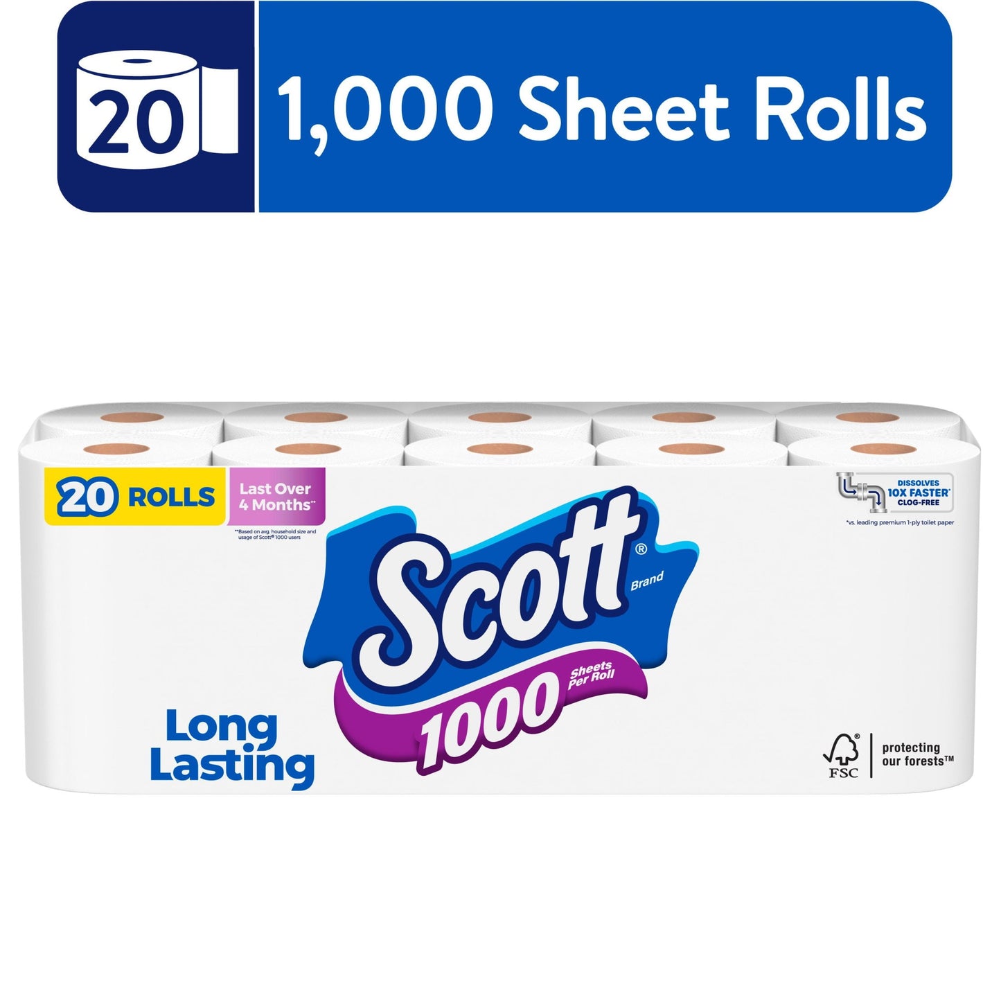 (6 Pack)  1000 Toilet Paper, 20 Rolls, 1,000 Sheets per Roll