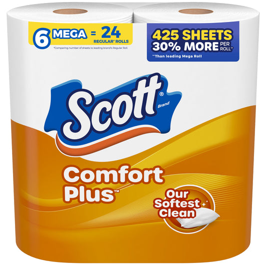 Comfortplus Toilet Paper, 6 Mega Rolls, 425 Sheets per Roll, Septic-Safe, 1-Ply Toilet Tissue