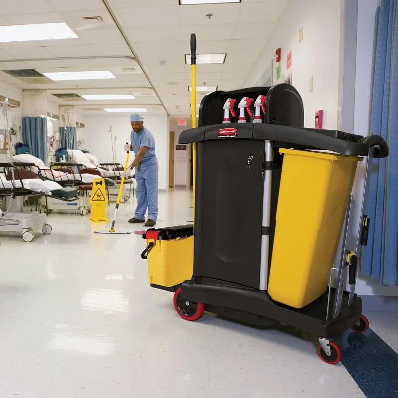 High Security Housekeeping Janitorial Cart with Wheels, Yellow Vinyl Bag, Locking Hood and Cabinets, 53.5" H x 48.25" L X 22" W